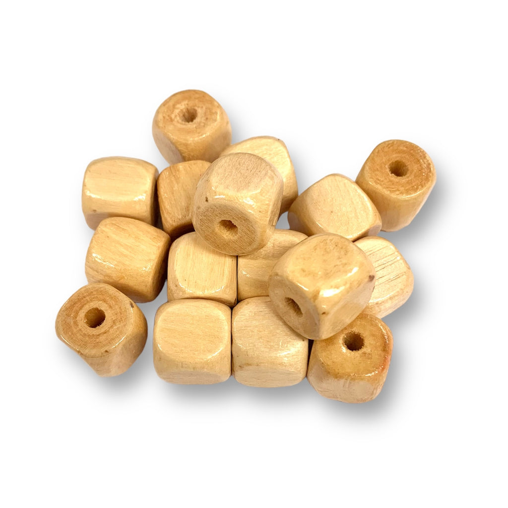 Craftworkz wooden beads in a square shape and sold in packs of 100 pieces. Each bead measures approximately 14 x 14 x 14mm. Available in a raw finish, or natural ( natural colour of wood with a clear varnish coat ).