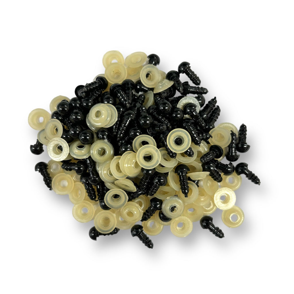 Our crystal eyes are ideal for stuffed toy making. They come complete with either metal or plastic safety washers. These are a discontinued line with limited sizes and quantities. This is the 6mm black option with plastic safety washers.