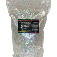 Craftworkz Hexagonal Glitter is our chunkiest glitter with a 3mm flake size. Super sparkly, high quality, PET glitter. Shimmering, iridescent, mother of pearl like flakes in a 1kg bag.