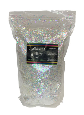 Craftworkz Hexagonal Glitter is our chunkiest glitter with a 3mm flake size. Super sparkly, high quality, PET glitter. Shimmering, iridescent, mother of pearl like flakes in a 1kg bag.