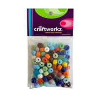 Small glass pony beads in an assorted colour 50gram pack by Craftworkz.