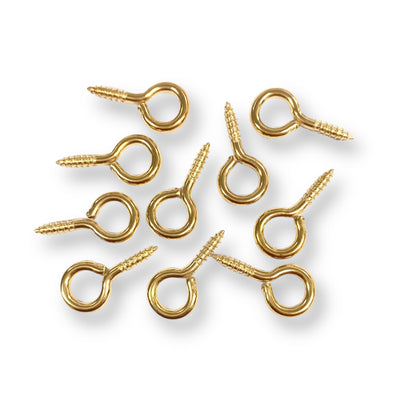 Brass plated, screw in eye loop / hook.  Suitable for various applications such as the installation of picture wire for hanging frames, to attaching ropes for light weight purposes.  Available in 10 piece or 100 piece packs.