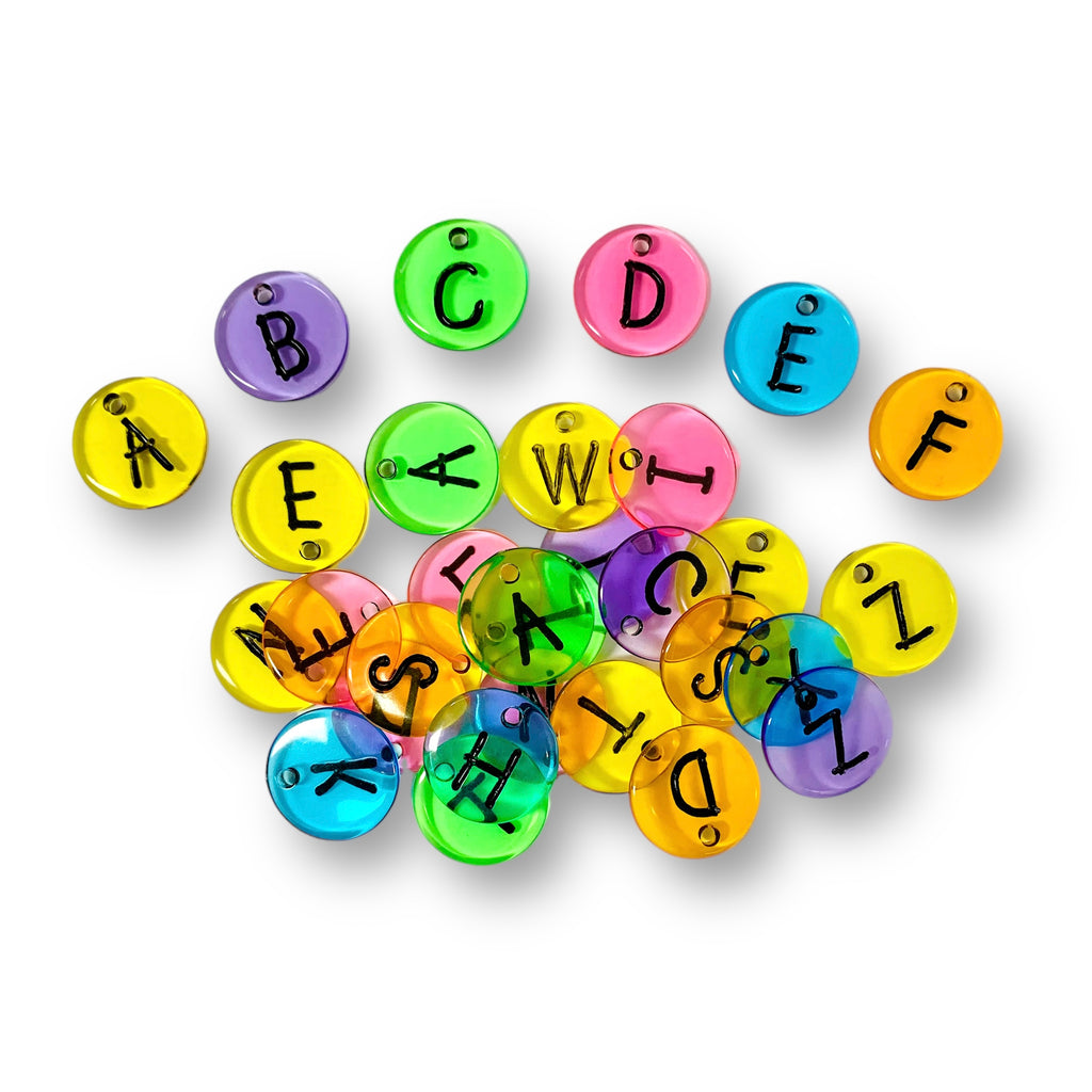 Craftworkz plastic letter disc beads measure 16mm across and are sold in a transparent, multi coloured mix. Each pack contains a random mix of 200 letters.