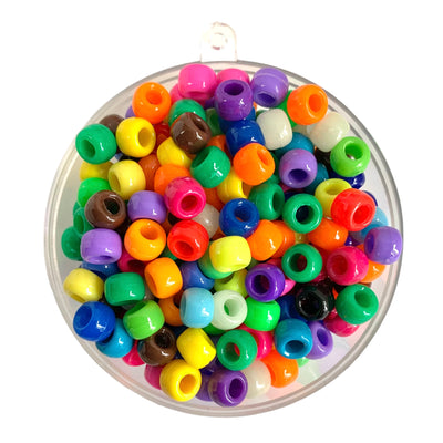 Plastic pony beads in opaque multi coloured mix.