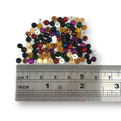 Sold in packs of 100 pieces, and available in a multi coloured or single colour packs.  Craftworkz 4mm wooden beads have a hole size of approximately 1mm. Some slight variation in size is normal.