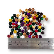 Craftworkz 8mm multicoloured wooden beads. Sold in packs of 100 pieces, and also available in single colour packs.  These 8mm wooden beads have a hole size of approximately 2mm. Some slight variation in size is normal.