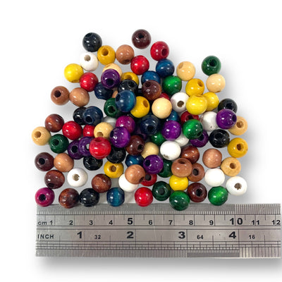 Craftworkz 10mm multi coloured pack of wooden beads. Sold in packs of 100 pieces, also available in single colour packs.  These 10mm wooden beads have a hole size of approximately 3mm. Some slight variation in size is normal.