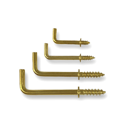 Brass plated L shaped screw in hooks by Craftworkz. Available in 4 sizes.