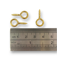 Brass plated, screw in eye loop / hook.  Suitable for various applications such as the installation of picture wire for hanging frames, to attaching ropes for light weight purposes.  Available in 10 piece or 100 piece packs.