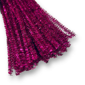A packet of 100 tinsel stems in Fuchsia by Craftworkz. Each tinsel stem measures approximately 6mm in diameter x 30cm long.
