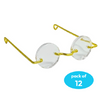 A pair of small doll glasses with a gold frame and clear round lenses on a white background