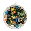 A round container of frosted glass beads in various sizes, shapes and colours on a white background
