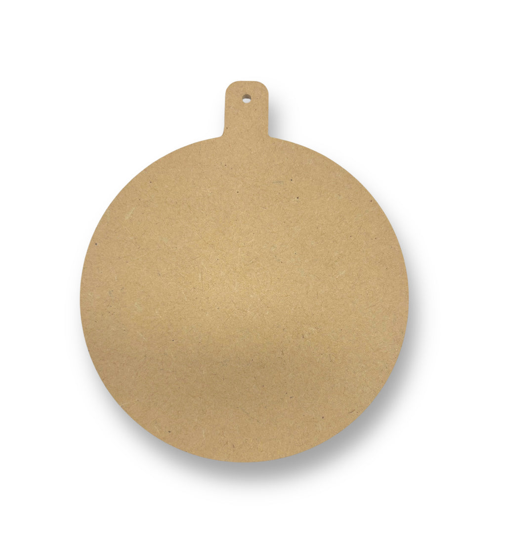 A single round, brown MDF craft wood bauble with a hole at the top for hanging.
