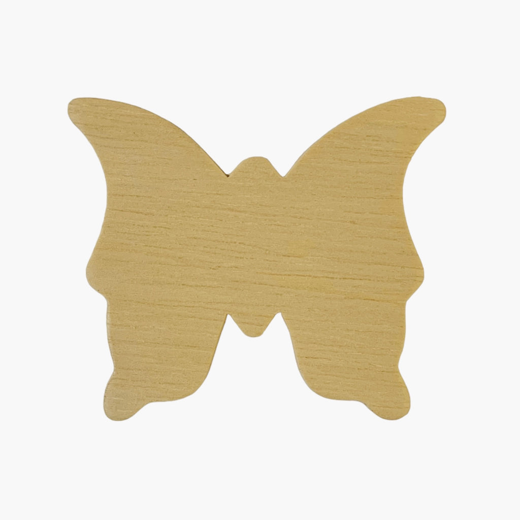 A plywood butterfly shape on a white background