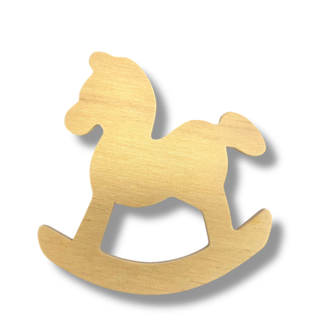 A blank plywood rocking horse shape on a white background