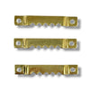 Three gold-colored metal mounting brackets with circular holes and a serrated center edge, arranged vertically on a white background.
