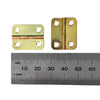Two small brass hinges shown on a white background, with a metal ruler below them for size reference.
