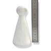 A white, cone-shaped simple person shape with a round knob, shown next to a metal ruler for scale on a white background.
