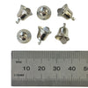 Six small silver metal bell-shaped hardware pieces shown above a metal ruler for scale on a white background.