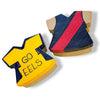 Two small paper mache boxes shaped like sports jerseys, one yellow with dark blue trim and the text 'GO EELS', and one black with a red diagonal stripe, shown on a white background.