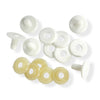 A set of plastic doll or teddy bear joints including white round toggle plugs with threaded stems and five translucent pale yellow ring washers, arranged on a white background.