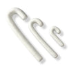 Three different sized polystyrene deco foam candy cane shapes on a white background