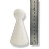 A white, cone-shaped simple person shape with a round knob, shown next to a metal ruler for scale on a white background.
