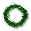 A wired star garland made up of green colored star-shaped elements coiled into a circle on a white background.