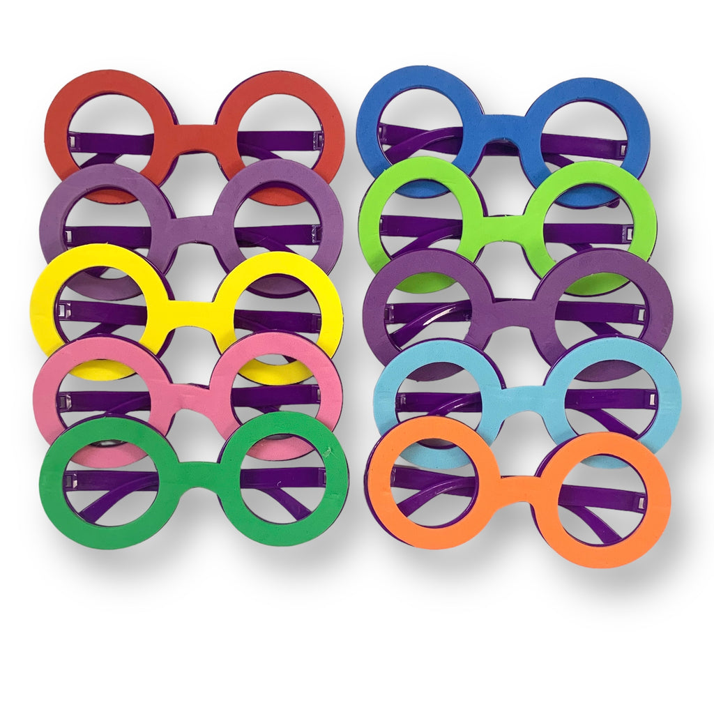 These "funglasses" come in a multi coloured, 10 piece pack. Each pair of funglasses measures 14cm across. They come plain, ready to be decorated with paint, glitter, pompoms, chenille stems, stickers etc. For ages 3 and up.