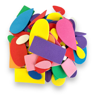 EVA fun foam shapes, assorted colours, sizes and shapes in each pack.