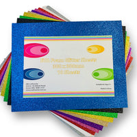 Craftworkz EVA glitter foam sheets are 30cm x 38cm and approximately 2mm thick. They come in a bright, multi coloured pack. They are easy to cut with scissors and the reverse side of each sheet is plain (not glittered) making them easy to glue.