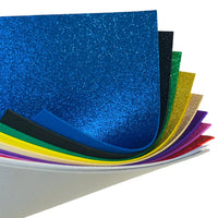 Craftworkz EVA glitter foam sheets are 30cm x 38cm and approximately 2mm thick. They come in a bright, multi coloured pack. They are easy to cut with scissors and the reverse side of each sheet is plain (not glittered) making them easy to glue.