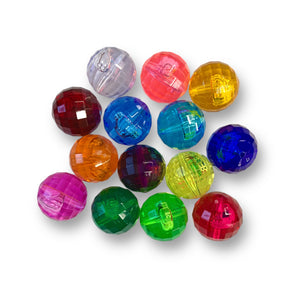 Large plastic faceted globe beads 18mm transparent multi coloured pack by Craftworkz.