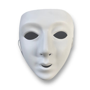 A plain white plastic mask ready to be decorated. Elastic included. Measures approximately 15 x 17cm.