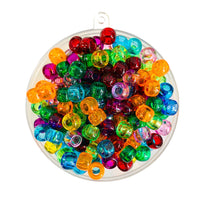 Plastic pony beads in transparent multi coloured mix.