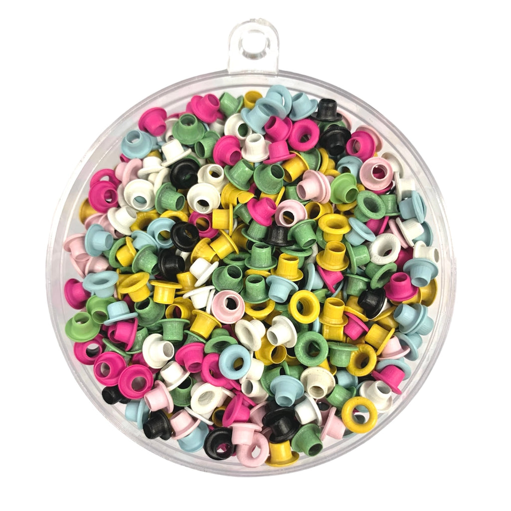 Metal scrapbooking eyelets 1/8" 4mm by craftworkz in a multi coloured opaque mix.
