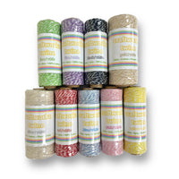 Craftworkz Twine is a 2 tone twine, 4ply cotton twine and comes on a 100m roll.  Available in 7 standard colors, plus gold and silver which is a cotton twine twisted with a metallic strand.  The Twine Pack contains 1 each of all 9 colours.