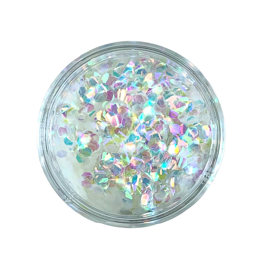 Craftworkz Hexagonal Glitter is our chunkiest glitter with a 3mm flake size. Super sparkly, high quality, PET glitter. Shimmering, iridescent, mother of pearl like flakes in a 1kg bag.