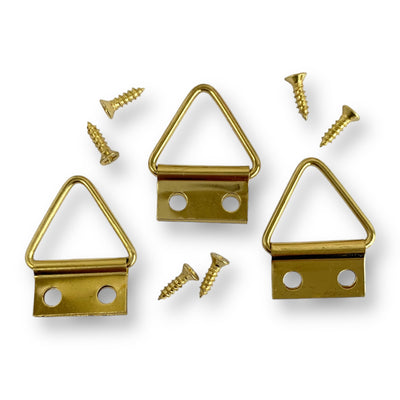 Large brass triangle picture frame hanger with screws.