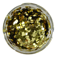 A container of Craftworkz chunky 3mm hexagonal glitter in gold