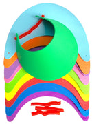 A collection of flat-packed multicolored EVA foam visors laid out in a stack with holes for adjustable straps.