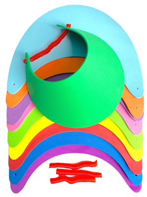A collection of flat-packed multicolored EVA foam visors laid out in a stack with holes for adjustable straps.