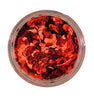 A clear container filled with red hexagonal chunky glitter.
