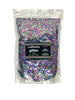 A clear plastic bag filled with multicolored chunky glitter, labelled 'craftworkz glitter 1kg'.