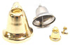 A set of three metal bells in gold and silver color, of varying sizes, with one bell separated from the others to show the inside.