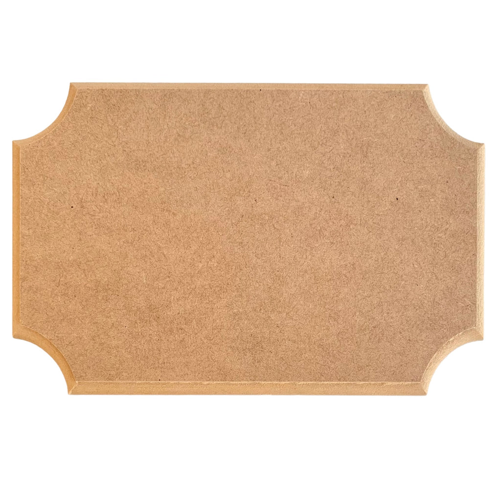 A plain rectangular MDF name plaque with routered edges, ready for decoration. Made in Australia by Craftworkz.