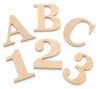 Craftworkz uppercase wooden letters A, B, C and numbers 1, 2, 3, cut from MDF craftwood, displayed on a white background.