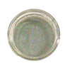 A round sample swatch of silver holographic ultra fine glitter by Craftworkz