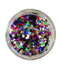 A sample colour pot of multi coloured chunky hexagonal cut glitter by Craftworkz