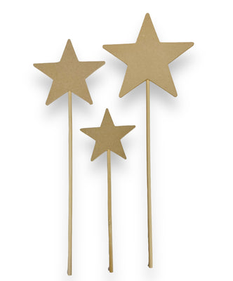 Craftworkz wooden wands in varying sizes with star shapes at the top, displayed against a white background.